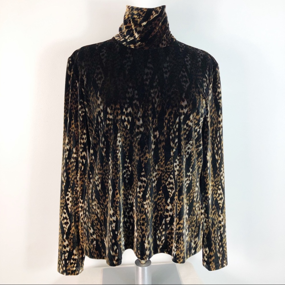 Vintage Black and Tan Animal Print Turtleneck Blouse